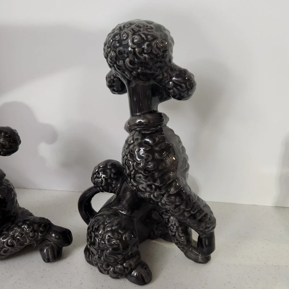 Vintage Mid Century Modern Gray Ceramic Shelf Poodles Dog Decor Signed Reiber